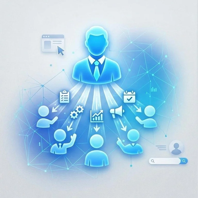 Say the Word logo with digital illustration of a person at the top with multiple figures below connected by lines, representing delegating tasks in the game like communication & data exchange, with icons for documents, gears, charts, and a megaphone.