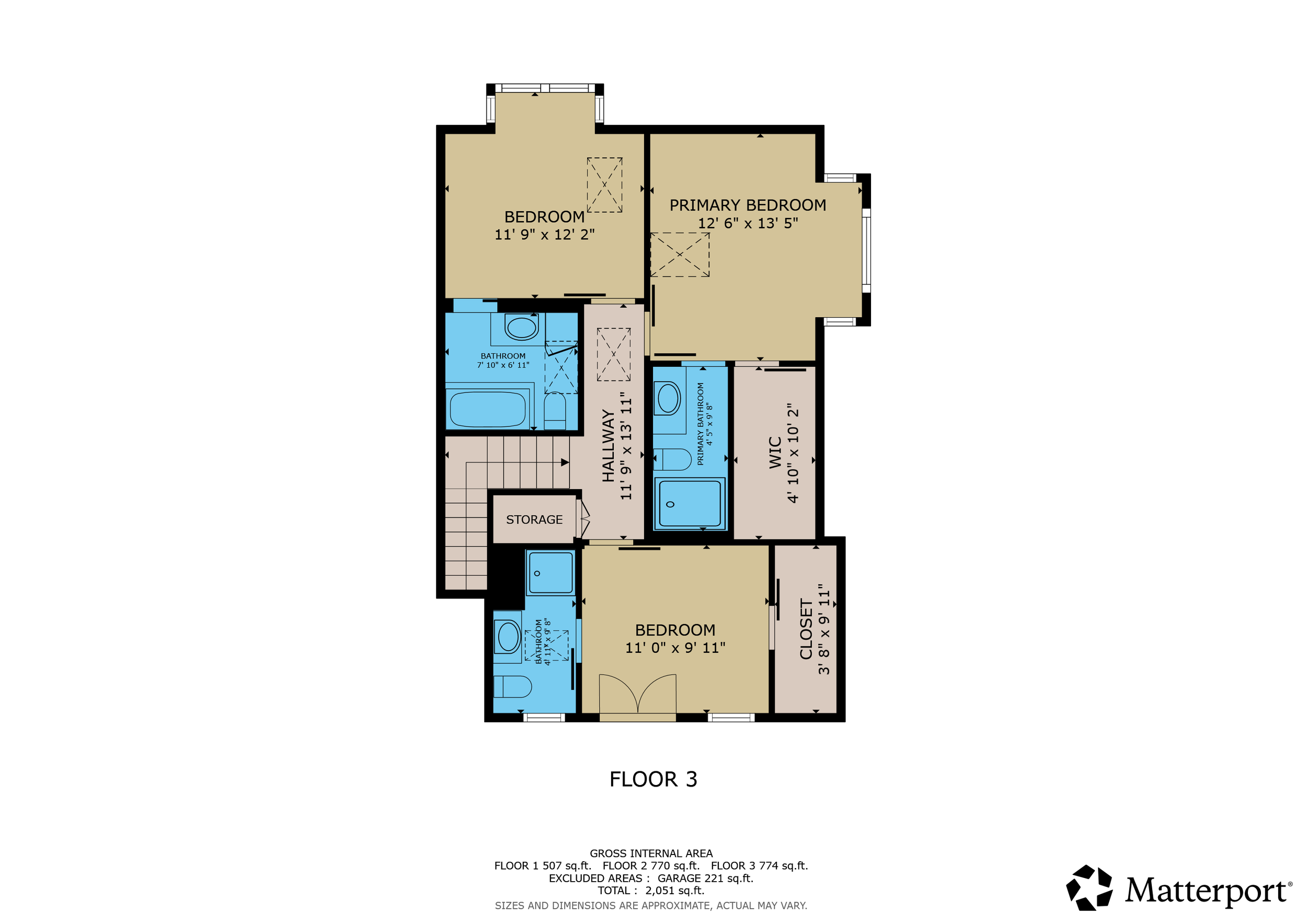 Floor plan of the third story showing three bedrooms, two bathrooms, a walk-in closet, storage, and a hallway.