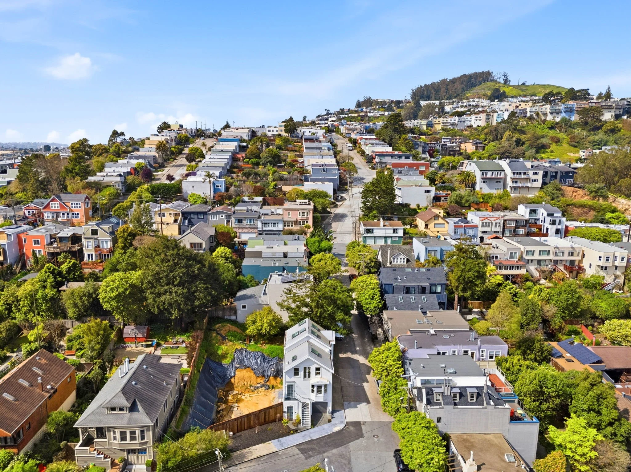 Aerial view of a hillside neighborhood with colorful houses, lush green trees, and a clear blue sky.