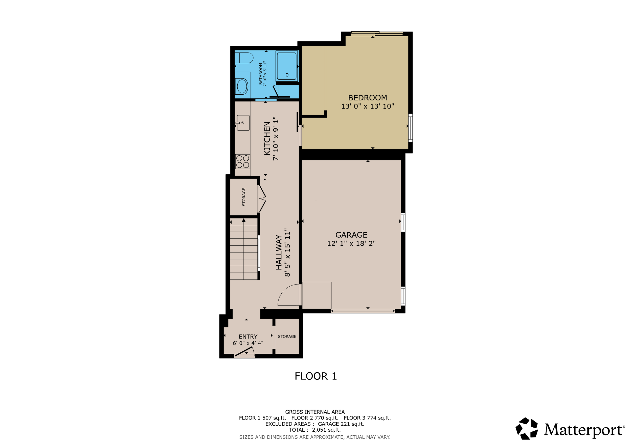 Floor plan of a house's first floor showing an entryway, storage, hallway, garage, kitchen, bedroom, and bathroom.
