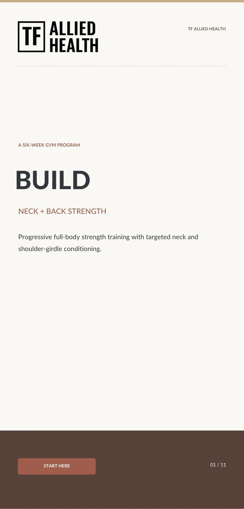 BUILD — Neck + Back Strength six-week gym program cover in muted terracotta
