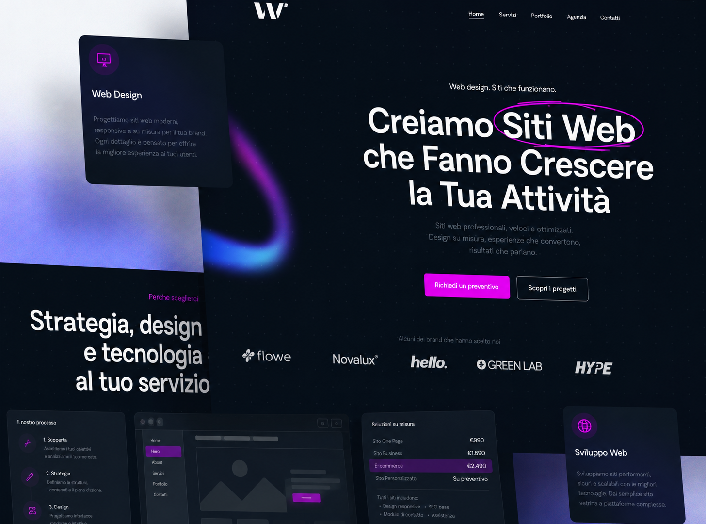 Pagina web con testo in italiano che promuove la creazione di siti web professionali e personalizzati, con bottoni per richiedere un preventivo o scoprire i progetti, e loghi di vari brand clienti in basso.