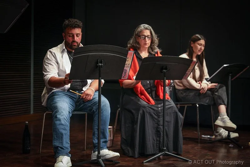 Joe Marano as Sy, Jennifer McGeorge as Mona, and Shel Saumier reading Stage Directions - photo credit Jim Norrena, ACT OUT Photography