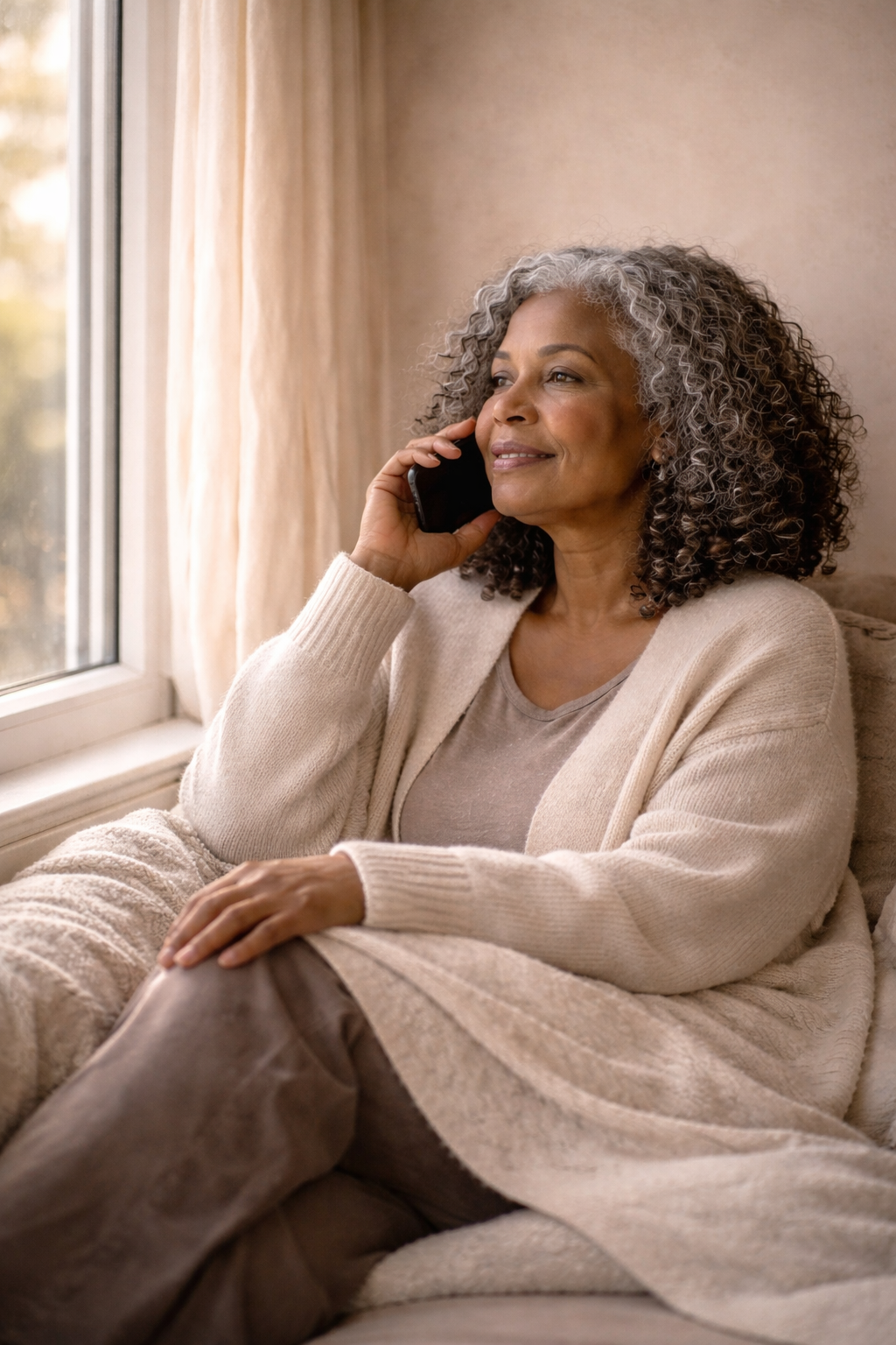 An older woman with curly gray hair sits on a beige couch near a window, talking on her cell phone, with a serene expression.