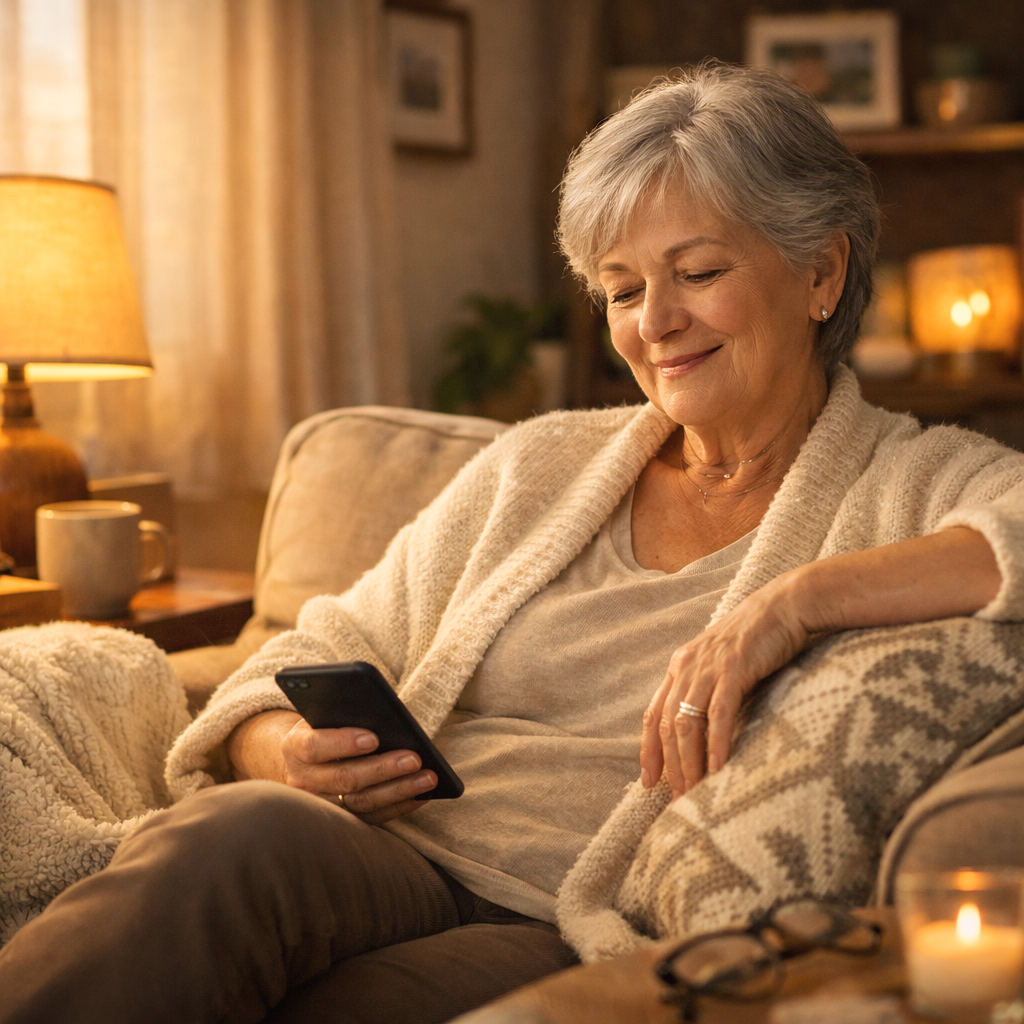 An elderly woman with gray hair smiling while looking at her phone in a cozy living room, with warm lighting, a candle, and household decor in the background.