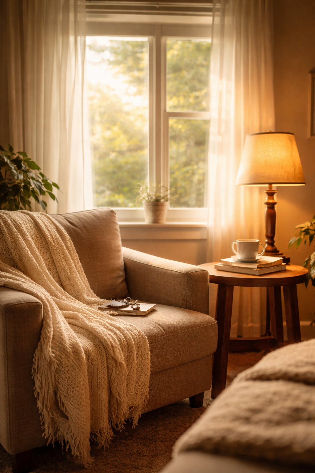 Cozy living room with beige sofa, throw blanket, table with stack of books, a mug, lamp, and potted plant near a window with sheer curtains, warm sunlight streaming in.