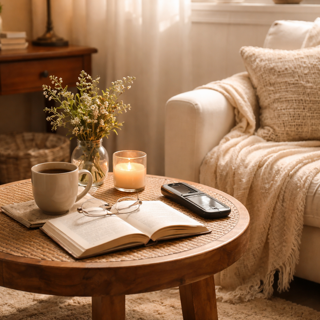 Cozy living room with a round wooden table holding a book, reading glasses, a cup of coffee, a candle, a remote control, and a vase of flowers. There is a cream-colored sofa with textured pillows and a blanket, and sunlight streaming through a window.
