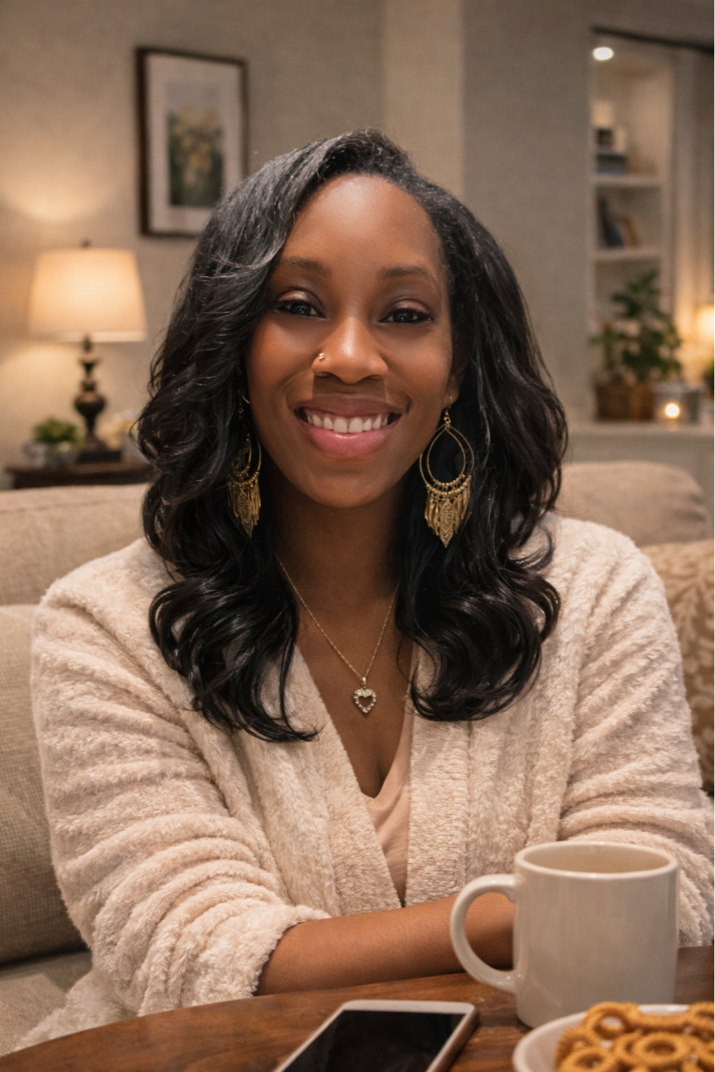 A smiling woman with dark wavy hair wearing a beige fuzzy sweater, gold earrings, a heart-shaped necklace, and a nose piercing, sitting at a table with a white mug, plate of cookies, and a smartphone in a cozy living room.