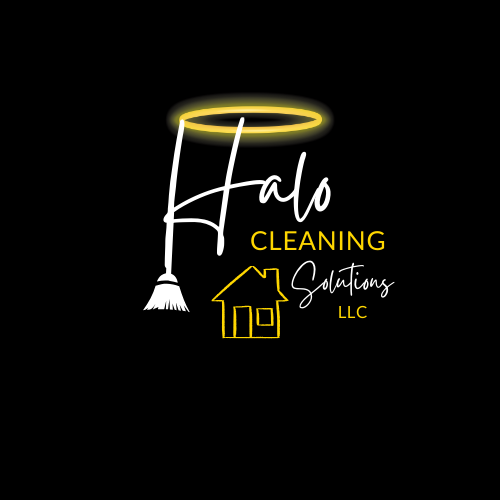 Halo Cleaning Solutions LLC logo with gold script and cleaning icons on black background.