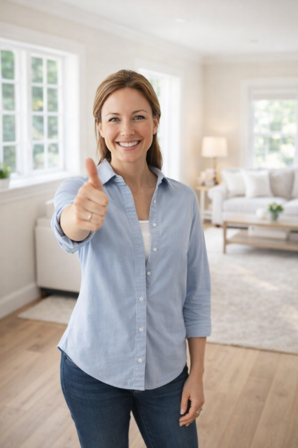 A woman with brown hair wearing a blue button-up shirt giving a thumbs up inside a bright living room with large windows and white furniture.