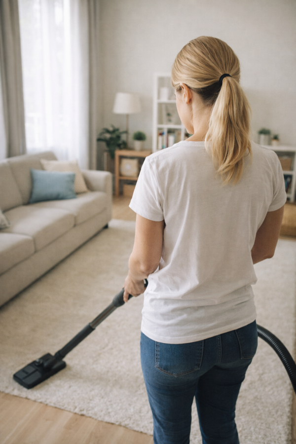 A woman vacuuming a living room with a beige sofa, blue pillow, and a wooden bookshelf in the background.