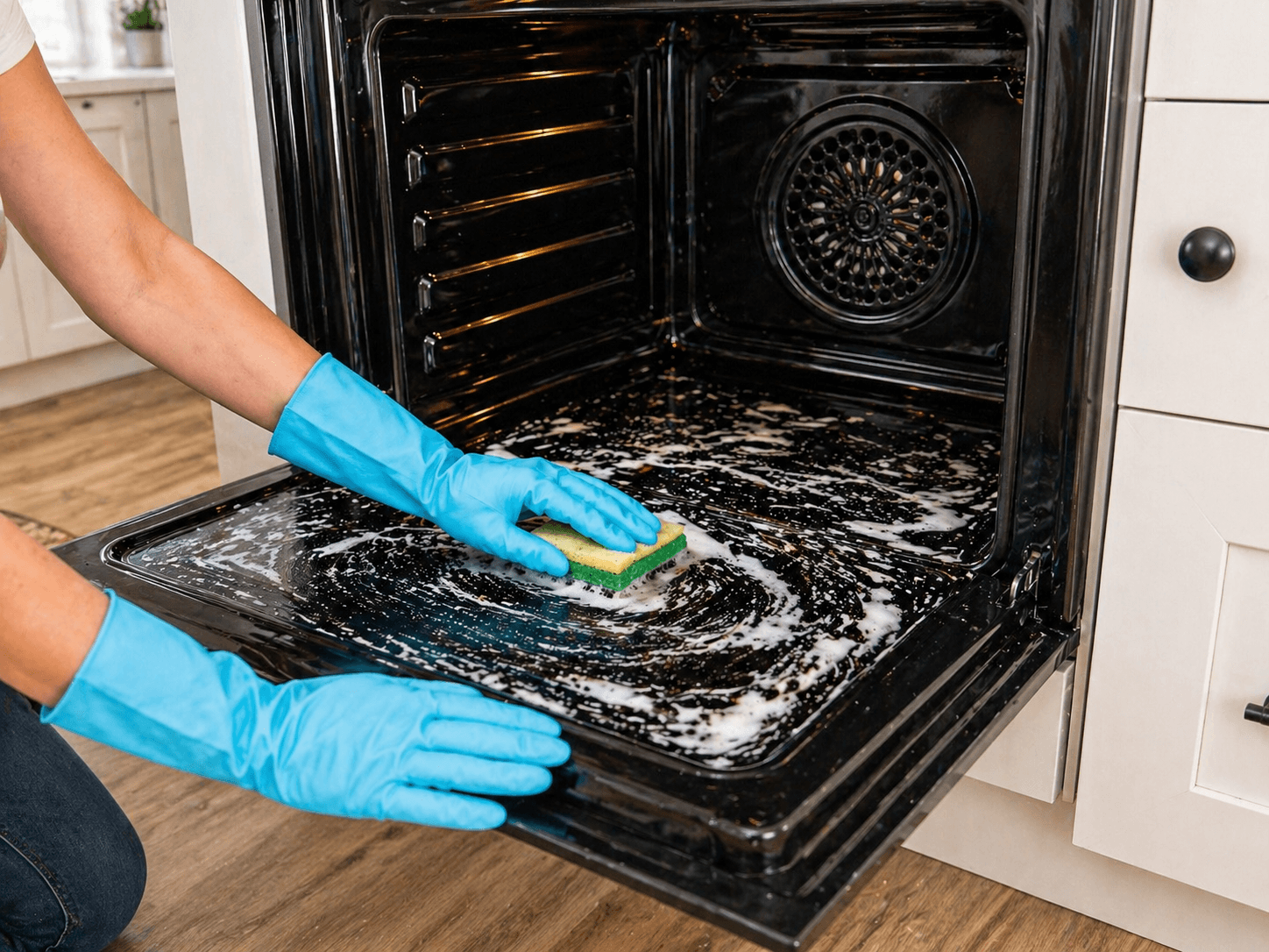 Person wearing blue rubber gloves cleaning the inside of an oven with a sponge, with soap suds visible.