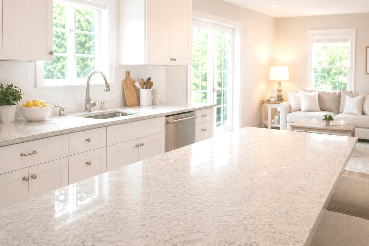Bright, modern kitchen with white cabinets, a large marble countertop island, a window above the sink, and a sitting area with a white sofa and a side table with a lamp.