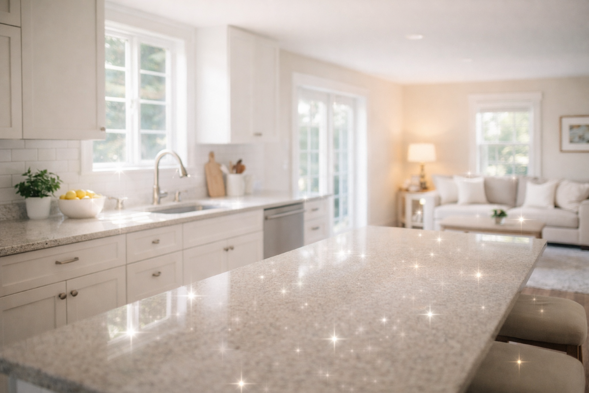Bright, white kitchen with granite countertop and window over sink, adjacent to a living room with a white couch and a table lamp.