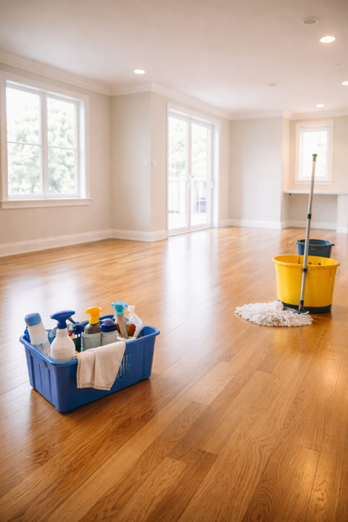 Empty living room with cleaning supplies including a blue basket of spray bottles, a mop, and a yellow bucket on a hardwood floor.