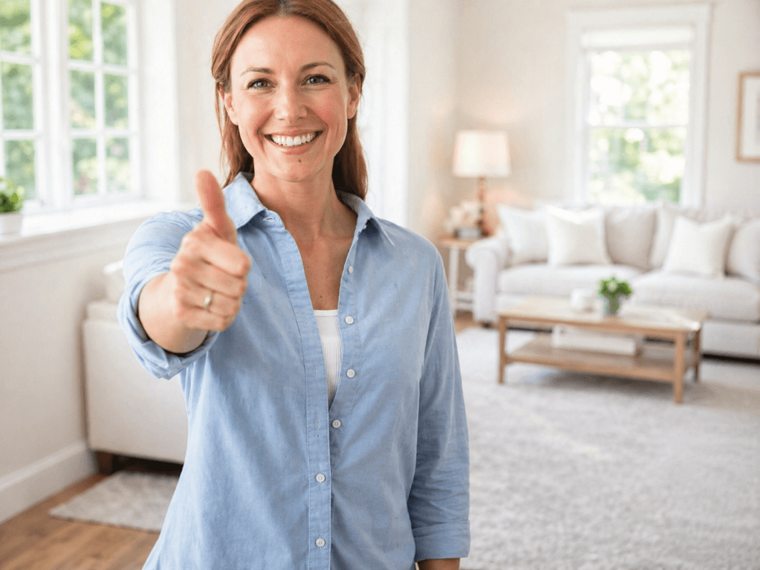 A woman with red hair smiling and giving a thumbs up in a bright, cozy living room with large windows, white furniture, and decorative pillows.