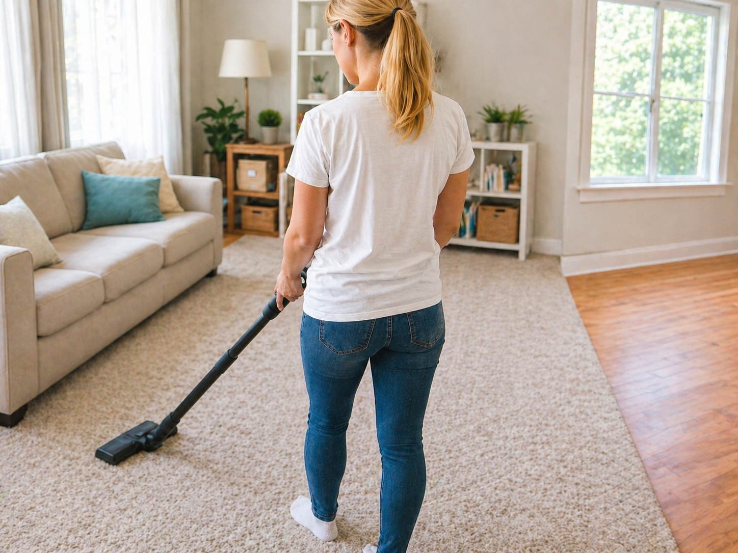 Woman vacuuming living room with beige sofa, white bookshelf, windows showing outdoors, and a mix of carpeted and wooden flooring.