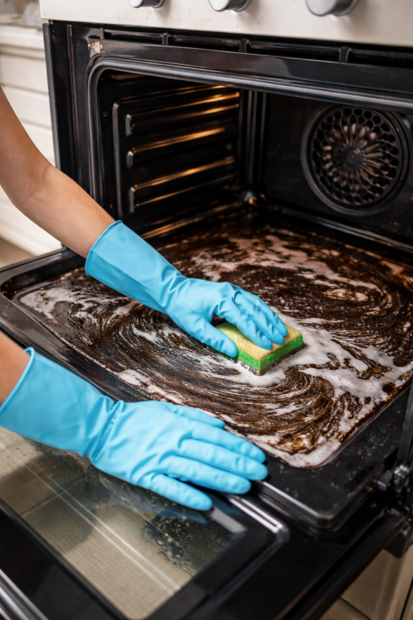 Person in blue gloves cleaning the inside of an oven with a sponge.