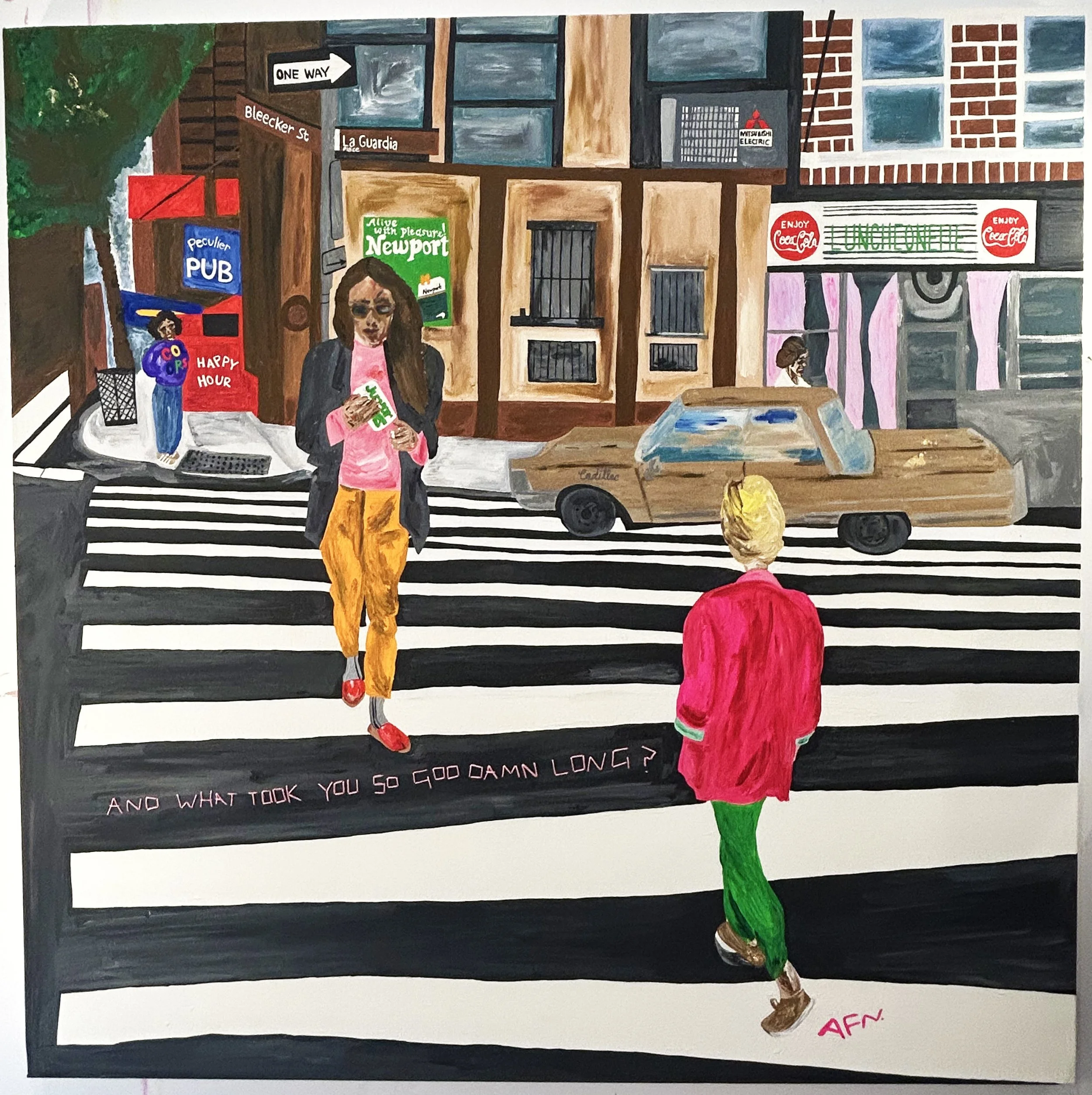 Street scene with two women crossing a crosswalk; one woman with blonde hair in a red and green coat walking away, and another woman with dark hair, sunglasses, pink top, black jacket, and orange pants looking at her phone; background includes a brick building with signs, a brown and blue car, and street signs.