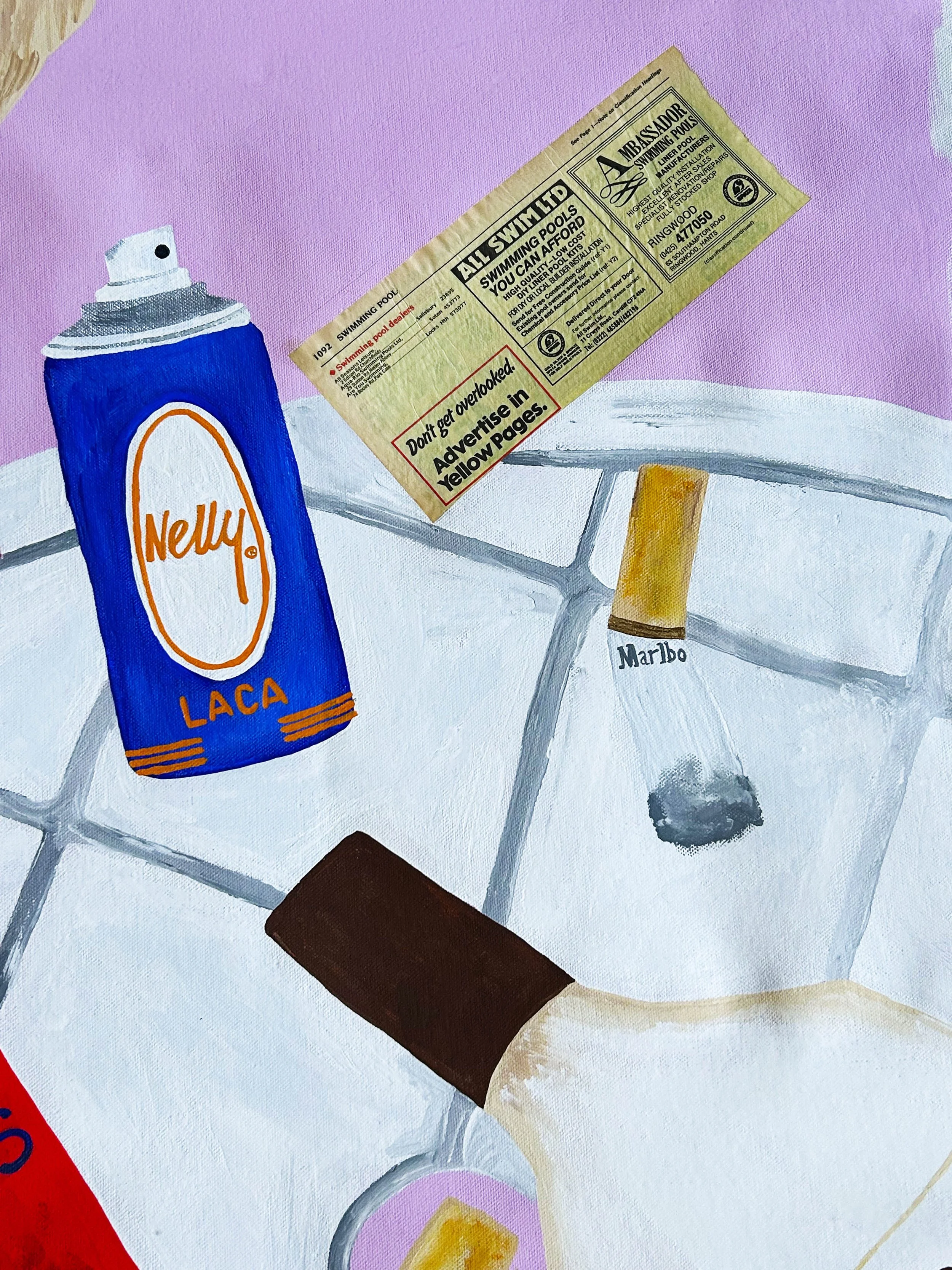 A painted illustration of a tiled surface with a blue spray can labeled "Nelly" and "Laca," a cigarette, a cigarette pack, and a yellow parking ticket on a pink background.