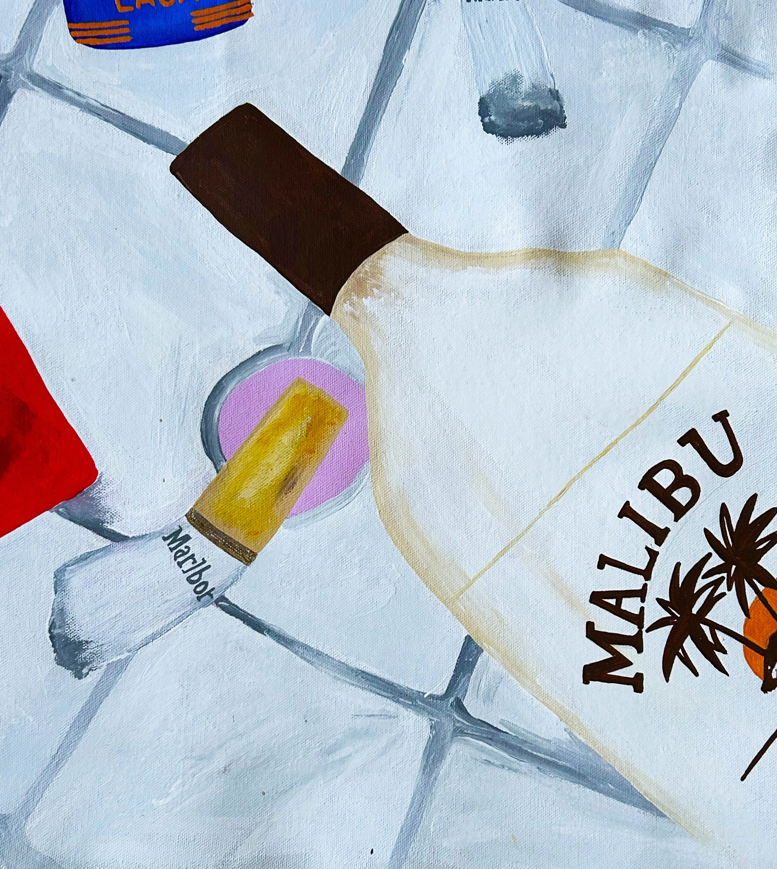 Painting of a beach scene with a Malta-themed umbrella, a bottle of beer, a mug of beer, and a glass of wine on a tiled floor.