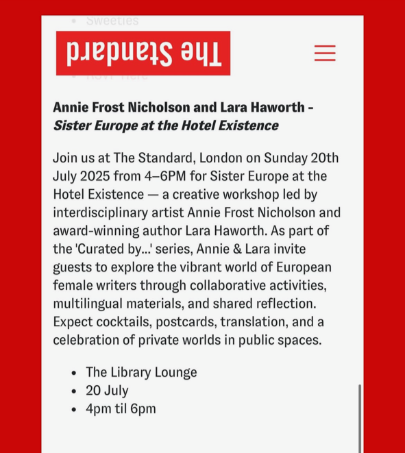 Screenshot of an event invitation for 'Sister Europe at the Hotel Existence' featuring Annie Frost Nicholson and Lara Haworth, scheduled at The Standard, London, on July 20, 2025, from 4 to 6 PM, with information about the event details and hosts.