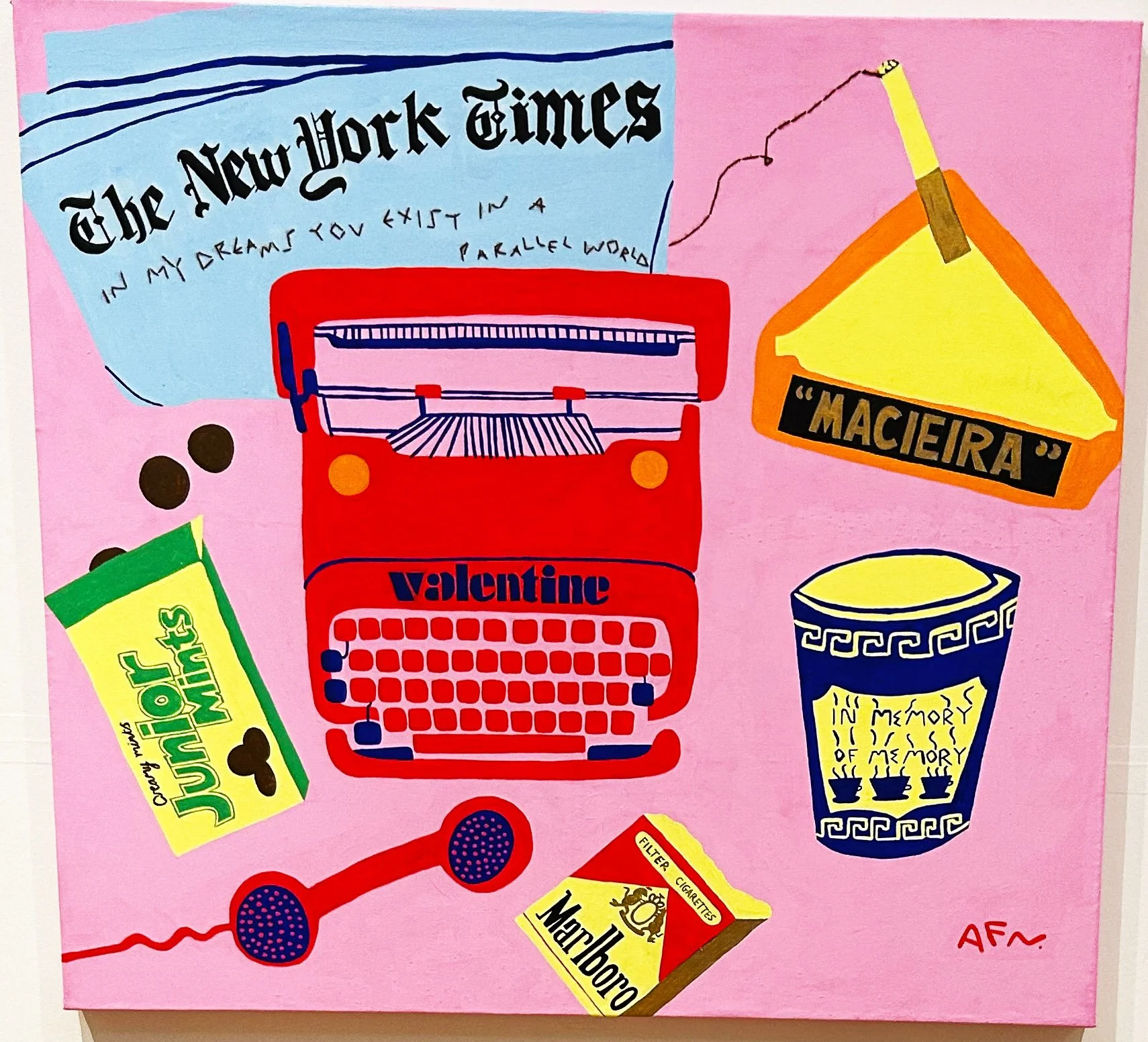 Colorful illustration featuring a typewriter, a bowl with a Greek pattern, a hanging sign labeled 'MACEIRA', a pack of Marlboro cigarettes, a pair of red vintage headphones, a speech bubble with 'The New York Times' logo and the phrase 'In my dreams you exist in a parallel world', a yellow packet of Juul pods, and a yellow and green pack of Marlboro cigarettes, all set against a pink background.