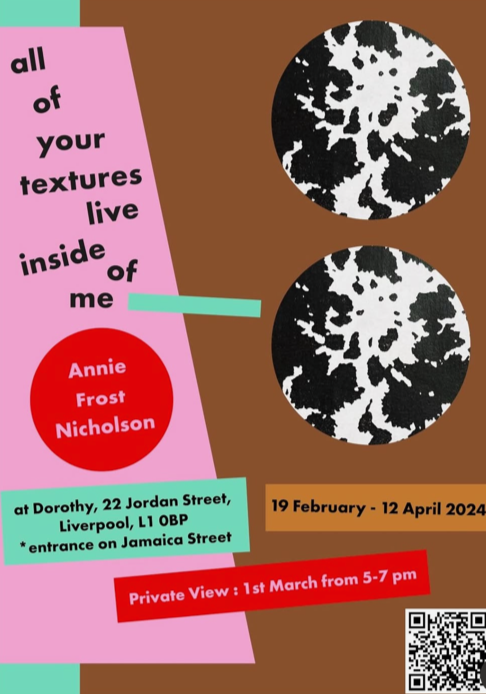 An art exhibition invitation featuring black and white textured circle patterns, pink, aqua, orange, and red text boxes with exhibition details and a QR code.