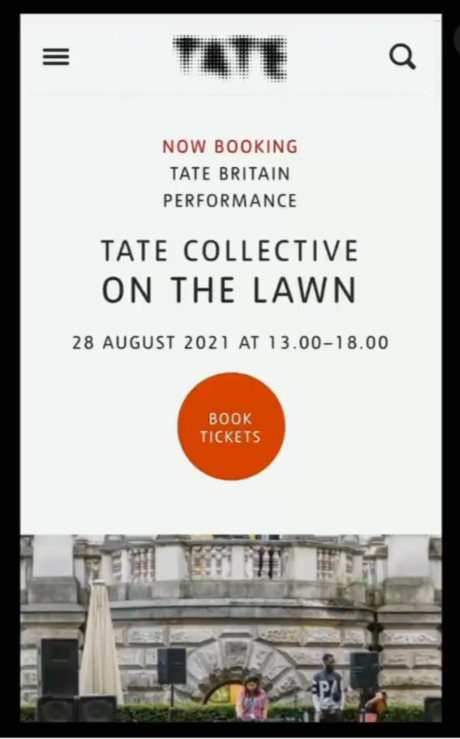 Web page announcing tickets for Tate Collective on the Lawn event on August 28, 2021, from 1 PM to 6 PM, with a red button labeled 'Book Tickets' and a background image of a historic building facade.
