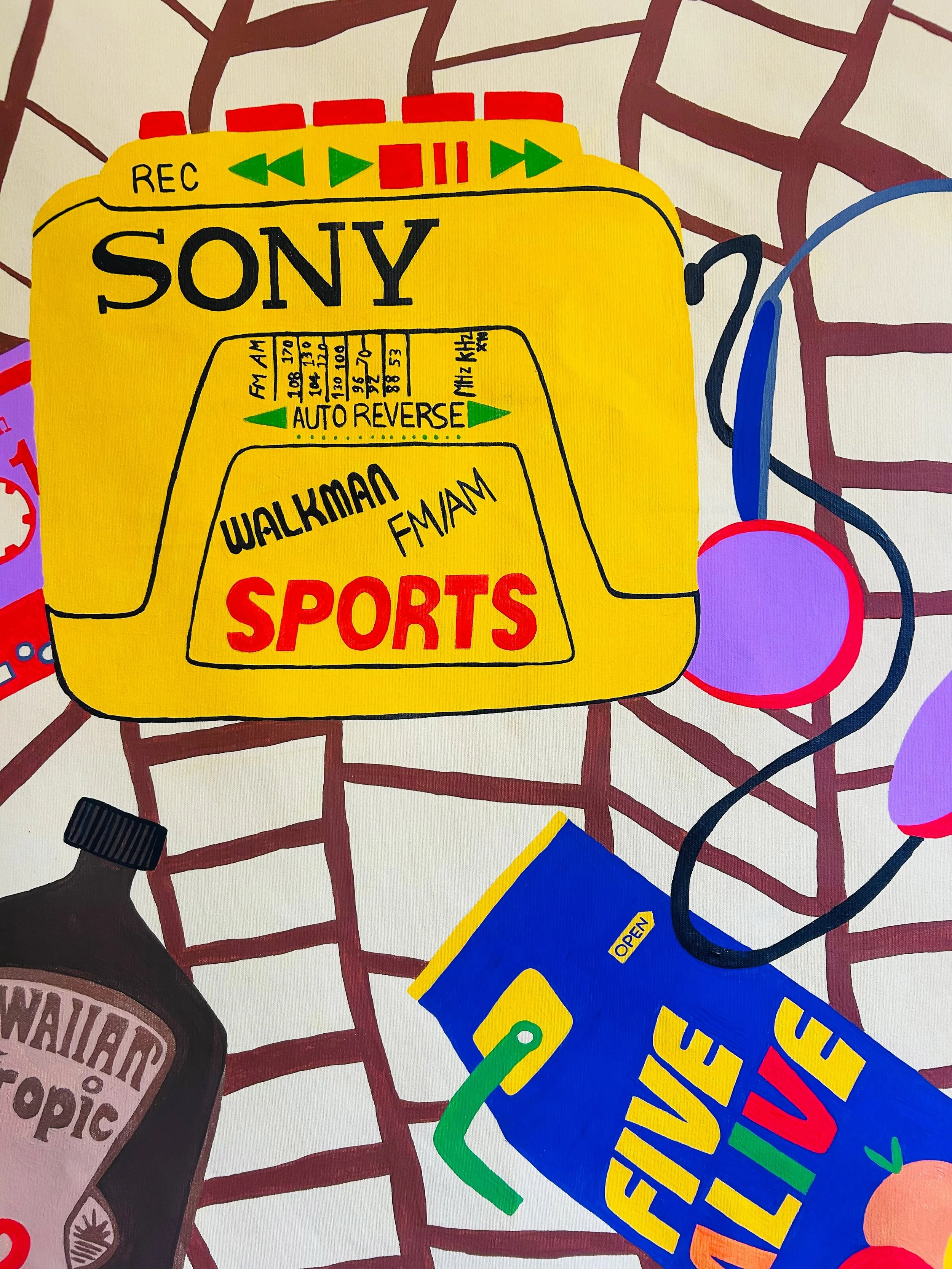 Colorful illustration of a yellow Sony camcorder with VHS labels, an open tape deck, and various accessories on a patterned background.