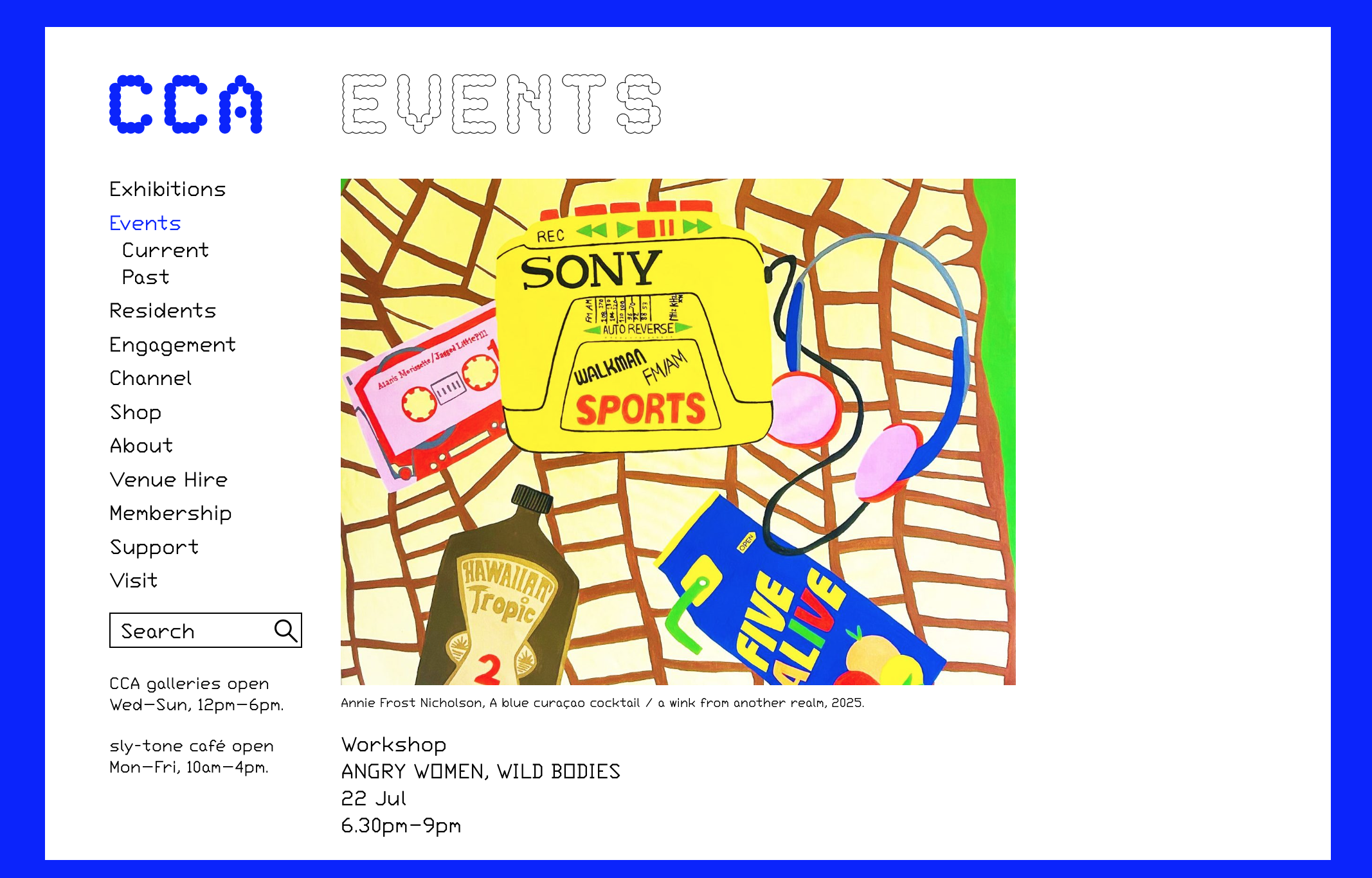 Digital illustration of a website page for CCA Events, featuring a colorful background with a map, a yellow Sony walkman, pink headphones, a cassette tape, a bottle labeled Hawaii Tropical, and a poster for an 'Angry Women, Wild Bodies' workshop.