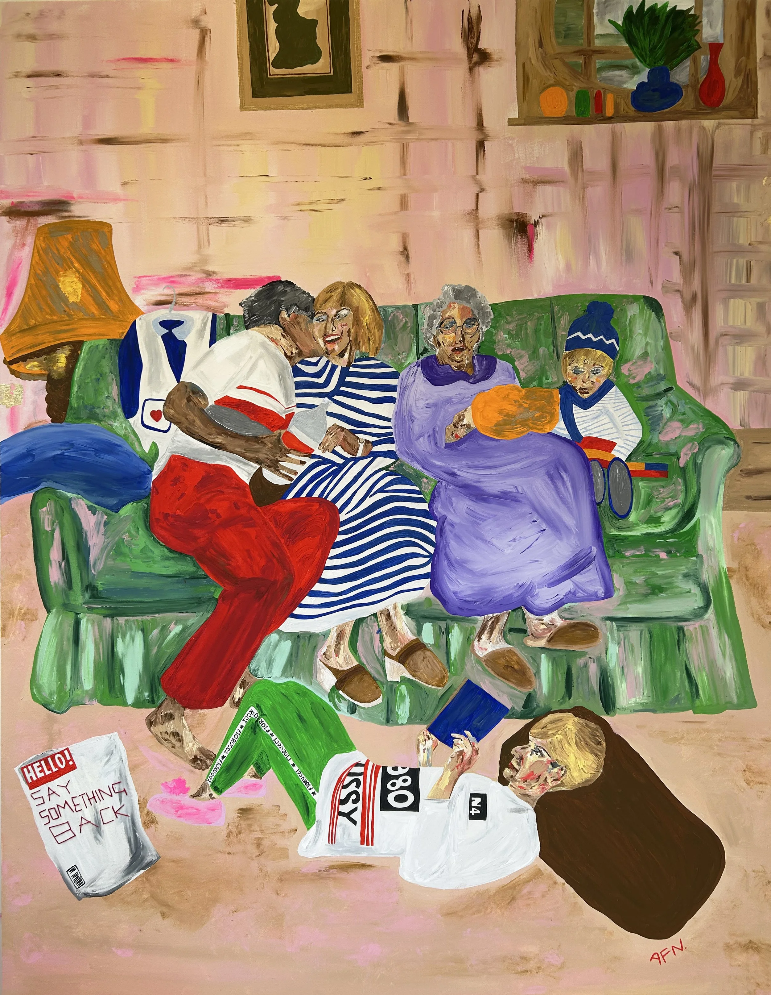 Colorful painting of a family gathering in a living room. Five people are seated on a green sofa, with a woman in first trimester pregnancy, a young boy, an older woman, a woman with a bob haircut, and a man wearing glasses. The man is whispering to the woman with a bob haircut. The woman is smiling, and everyone appears happy. There is a lamp, a window with plants and vases, a magazine on the floor that says "SAY SOMETHING BACK," and the overall scene is lively and cheerful.