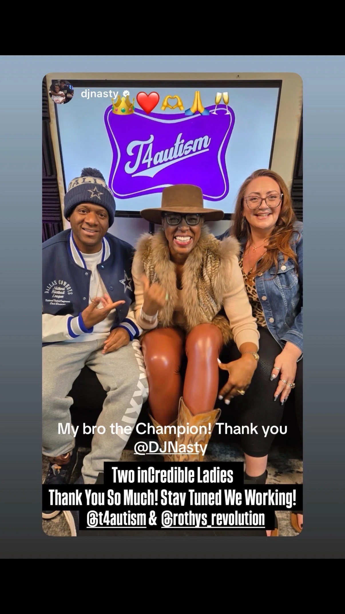 Three women sitting together in front of a screen with the word 'Autism'. The woman in the middle is wearing a large hat and fur vest, the woman on the right is wearing a denim jacket, and the woman on the left is in a Dallas Cowboys jacket and beani
