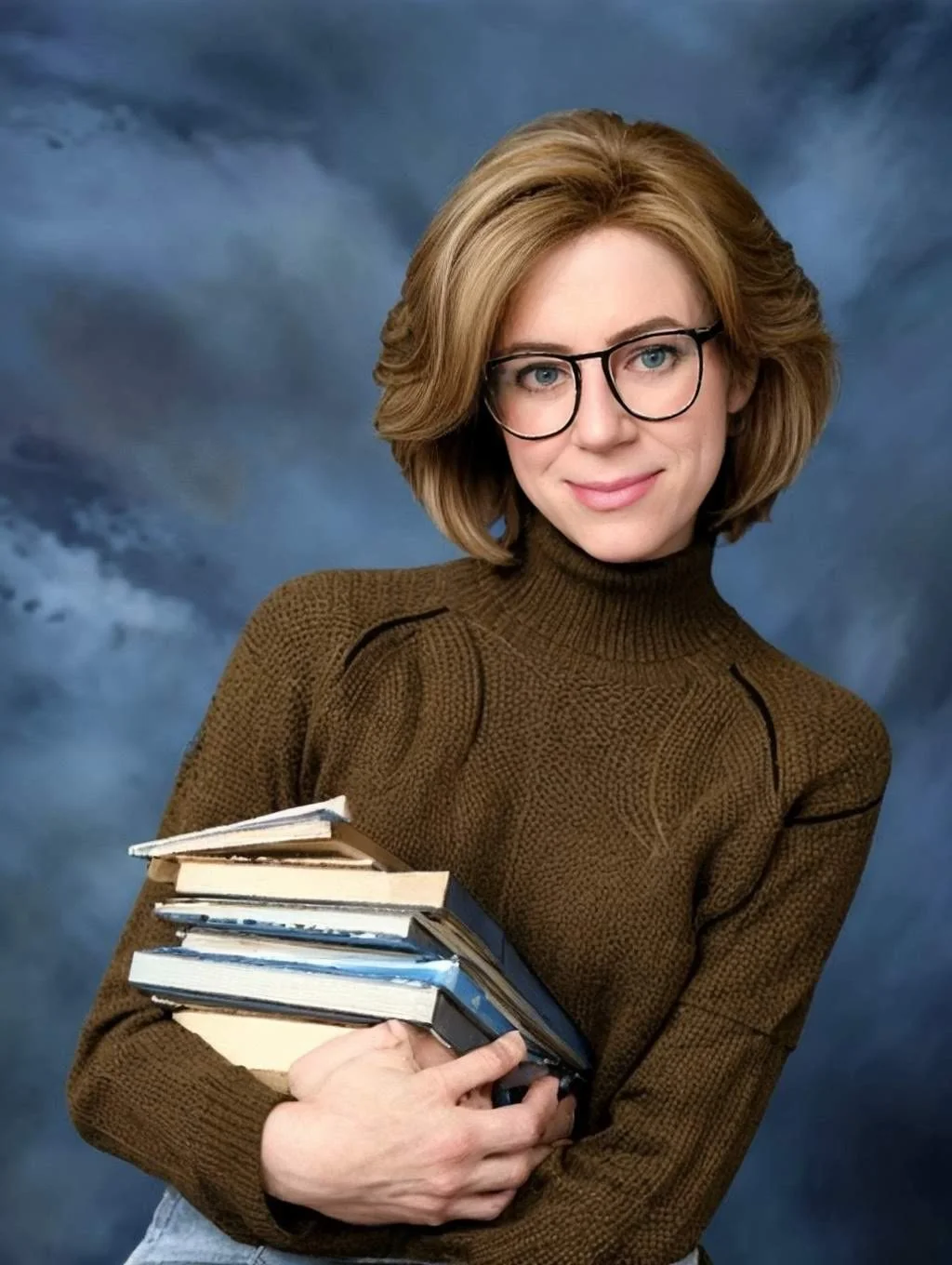 A woman with glasses and blonde hair smiling, holding a stack of books, wearing a brown turtleneck sweater, against a blue cloudy background.