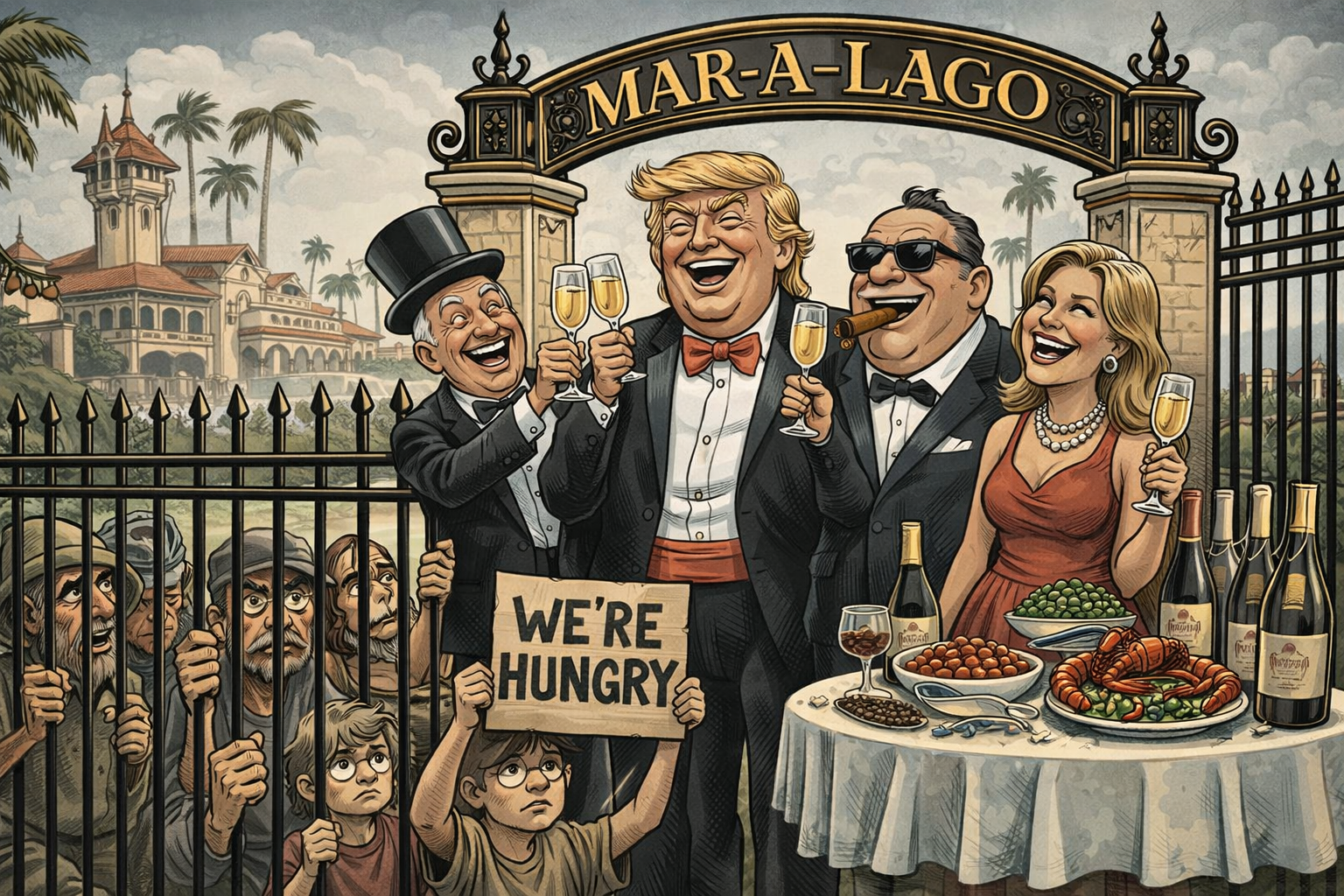 A group of well-dressed and cheerful people celebrating outside the Gates of Mar-A-Lago with champagne, cigars, and food, while a crowd behind the gate holds a protest sign saying "We're Hungry."