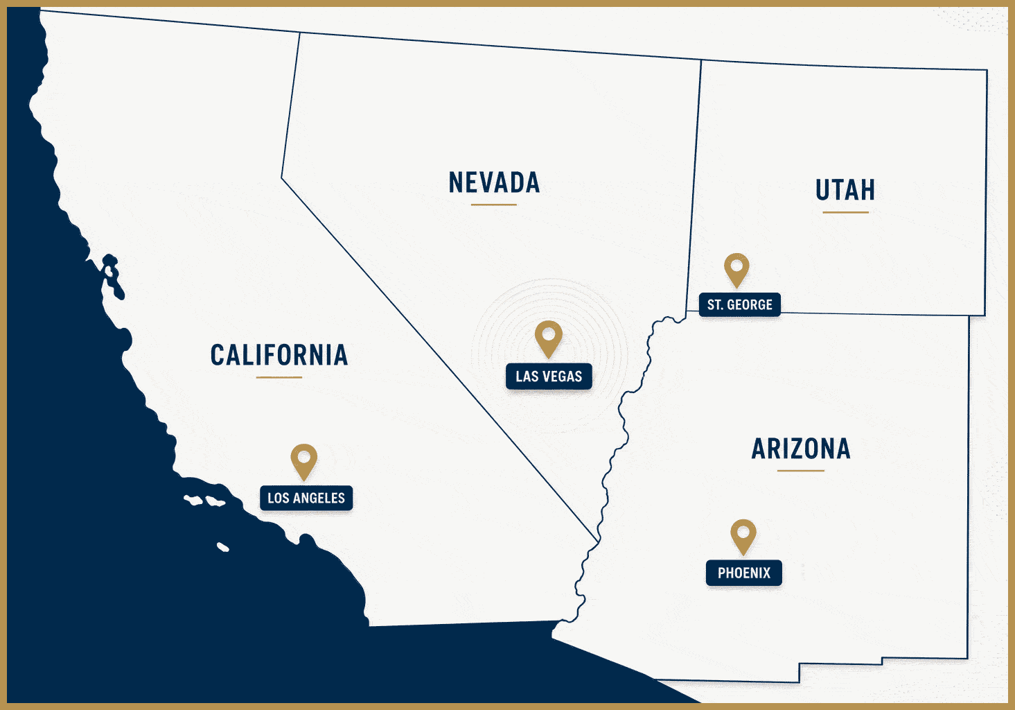 Map of western US states showing Las Vegas, Los Angeles, St. George, and Phoenix with their labels.