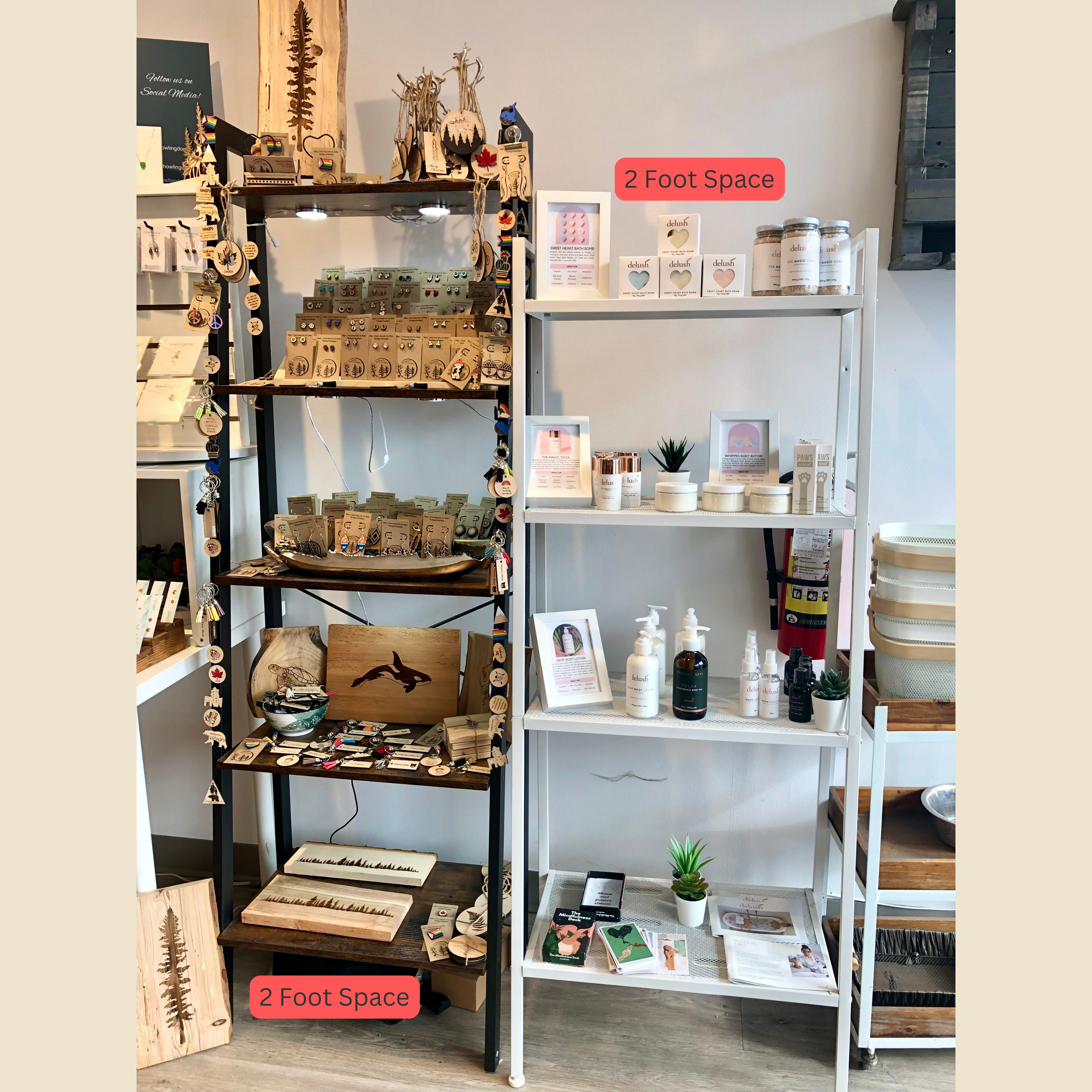 Display of various jewelry and accessories on shelves, with signs indicating 2 feet spacing for social distancing, in a retail store.