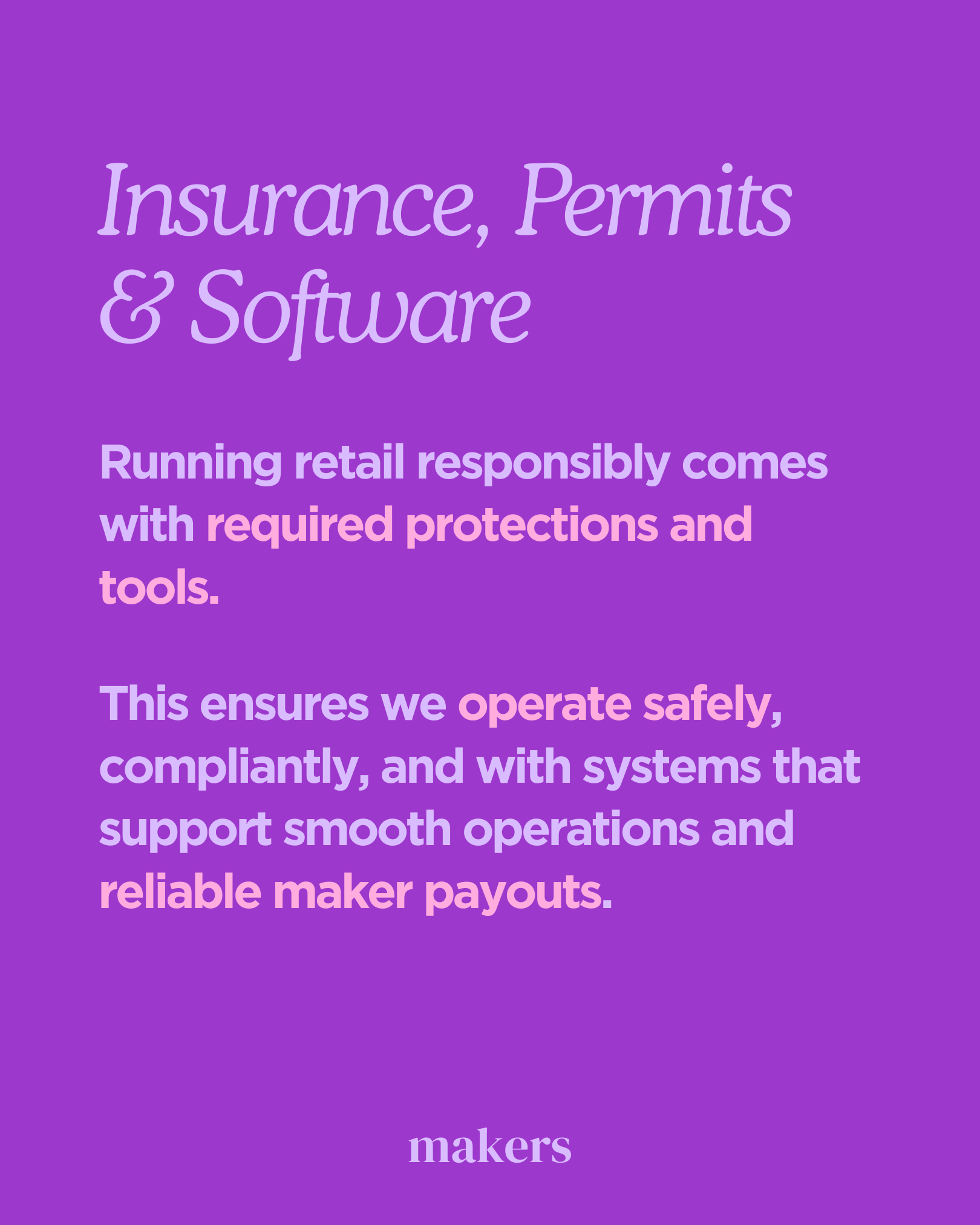 A purple and pink gradient background with white and pink text about insurance, permits, and software, emphasizing safety, compliance, and reliable payouts.