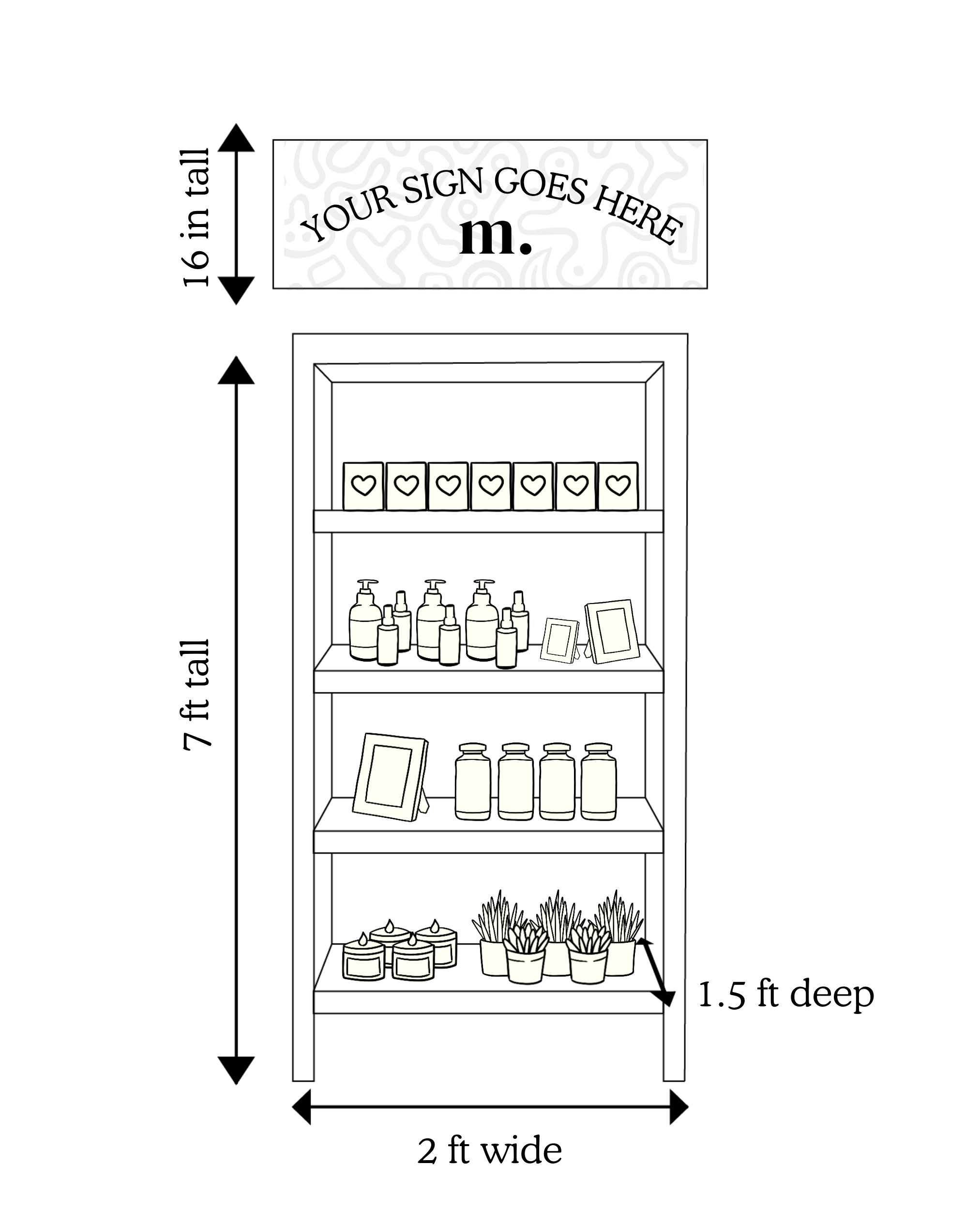 Black and white illustration of various personal care and wellness items, including lotions, framed photos, candles, and potted plants, arranged vertically.