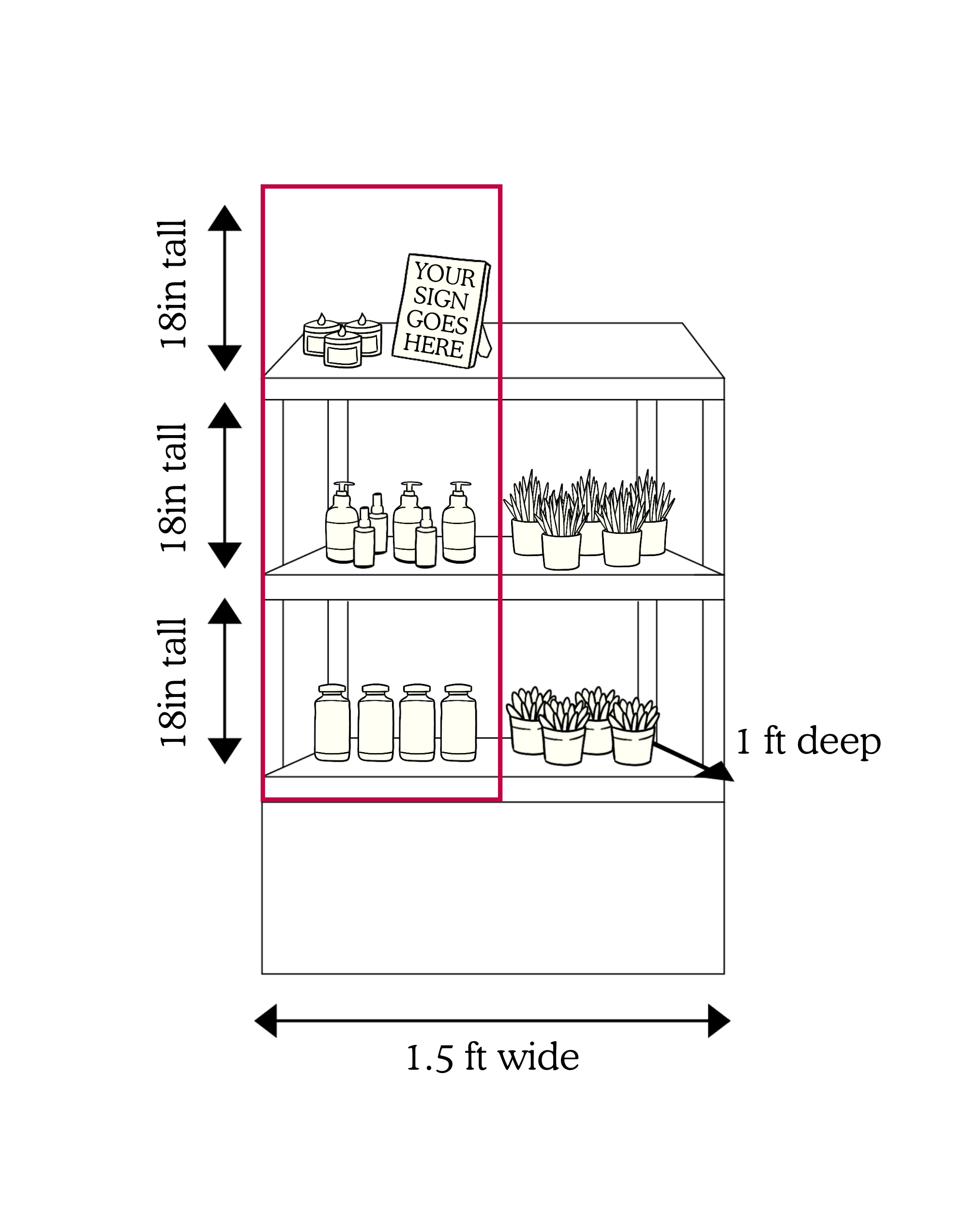 Shelf with candles, hand sanitizer bottles, and potted plants, with a sign that reads 'Your sign goes here'