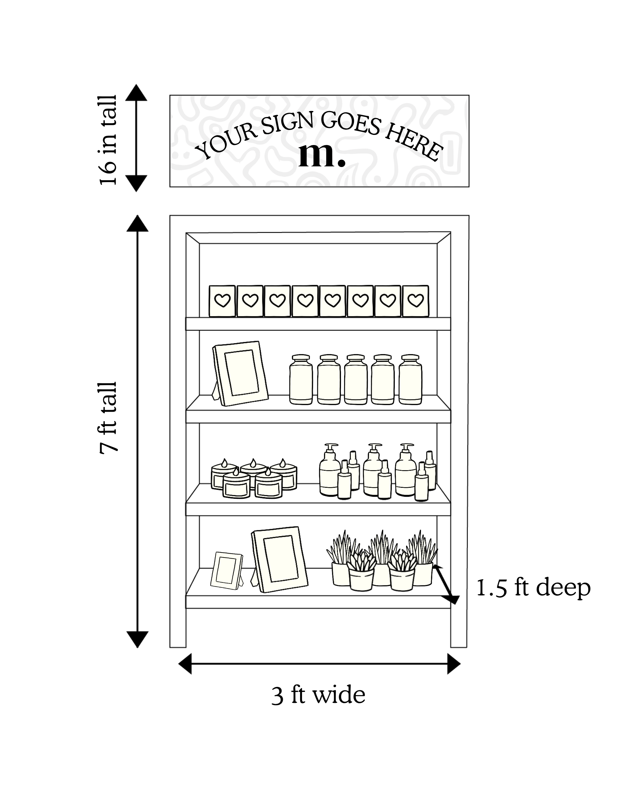Black and white illustration of a variety of wellness and self-care products, including bottles of pills, jars, lotions, frame displays, and potted plants arranged on shelves.