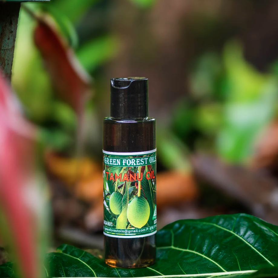 Bottle of Tamanu oil from Green Forest Oils placed on a green leaf in a natural setting.