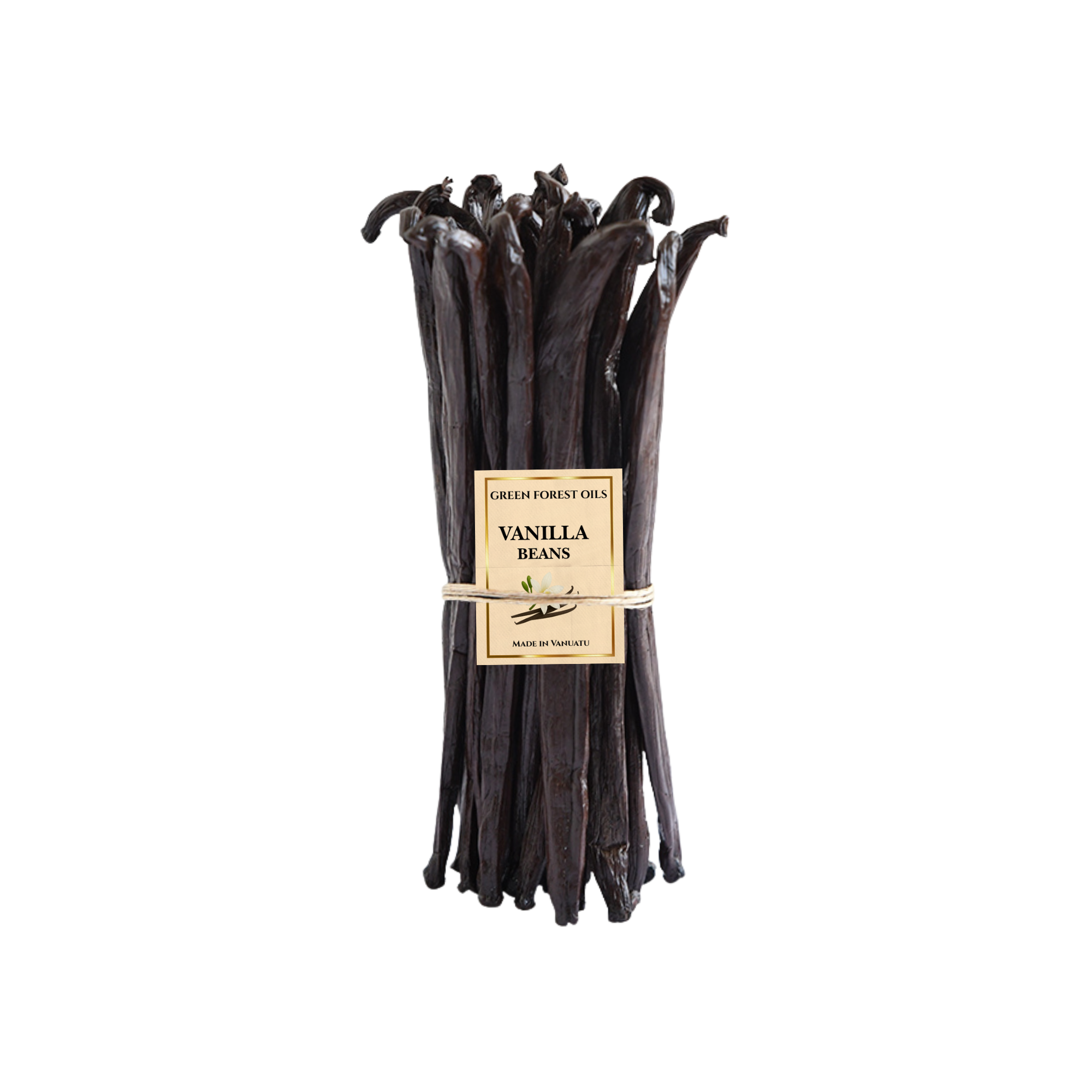 Bundle of vanilla beans with a label reading 'Green Forest Oils, Vanilla Beans, Made in Vanuatu'
