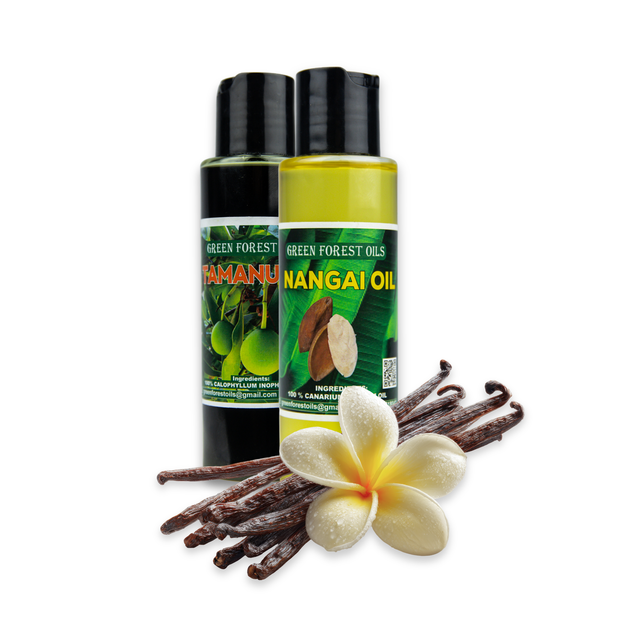 Products from Green Forest Oils including organic vegan Tamanu Oil, Nangai Oil, and dried vanilla bean pods
