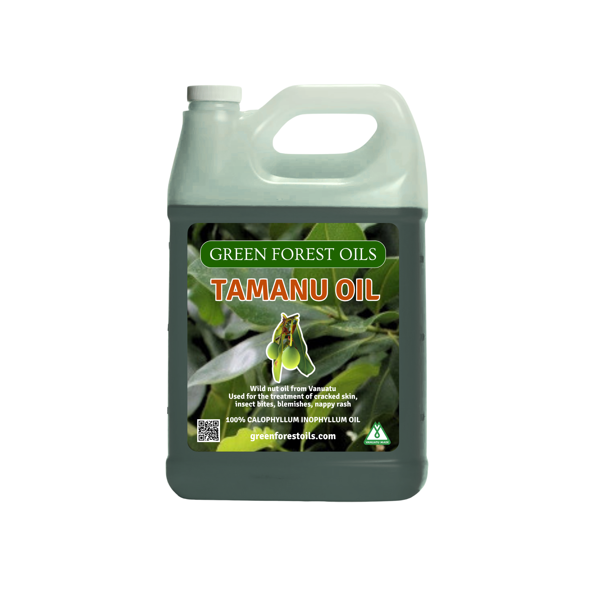 A large container of Green Forest Oils Tamanu Oil with a label showing green leaves and text explaining its uses for cracked skin, insect bites, and rashes. The label indicates it is wild nut oil from Vanuatu and 100% Calophyllum Inophyllum oil.
