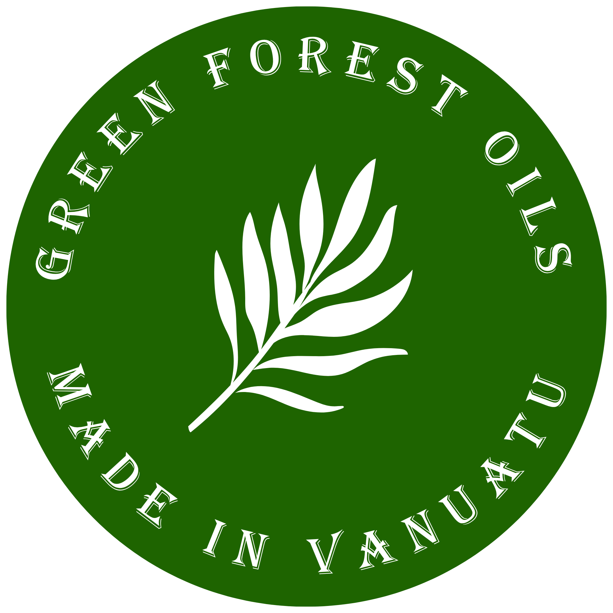 Circular green logo for Green Forest Oils with Made in Vanuatu written at the bottom