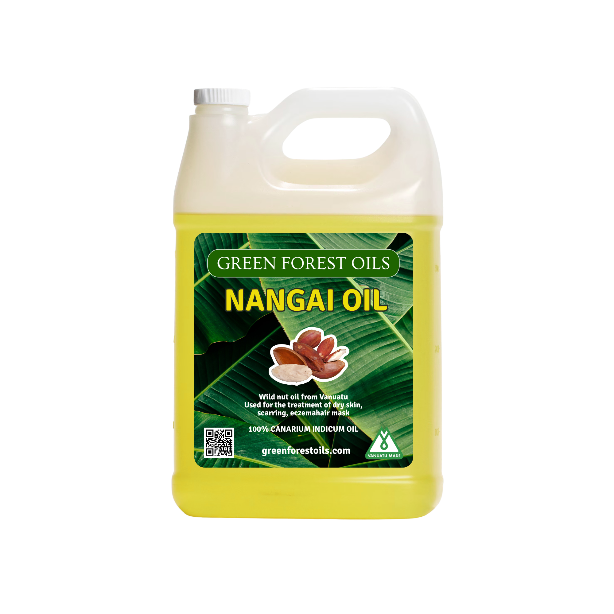 Bottle of Green Forest Oils  Oil, a yellow plastic container with a handle, label featuring green leaves, a picture of nuts, and text indicating it is wild nut oil from Vanuatu used for dry skin, scarring, eczema, and made from 100% canarium indicum oil.