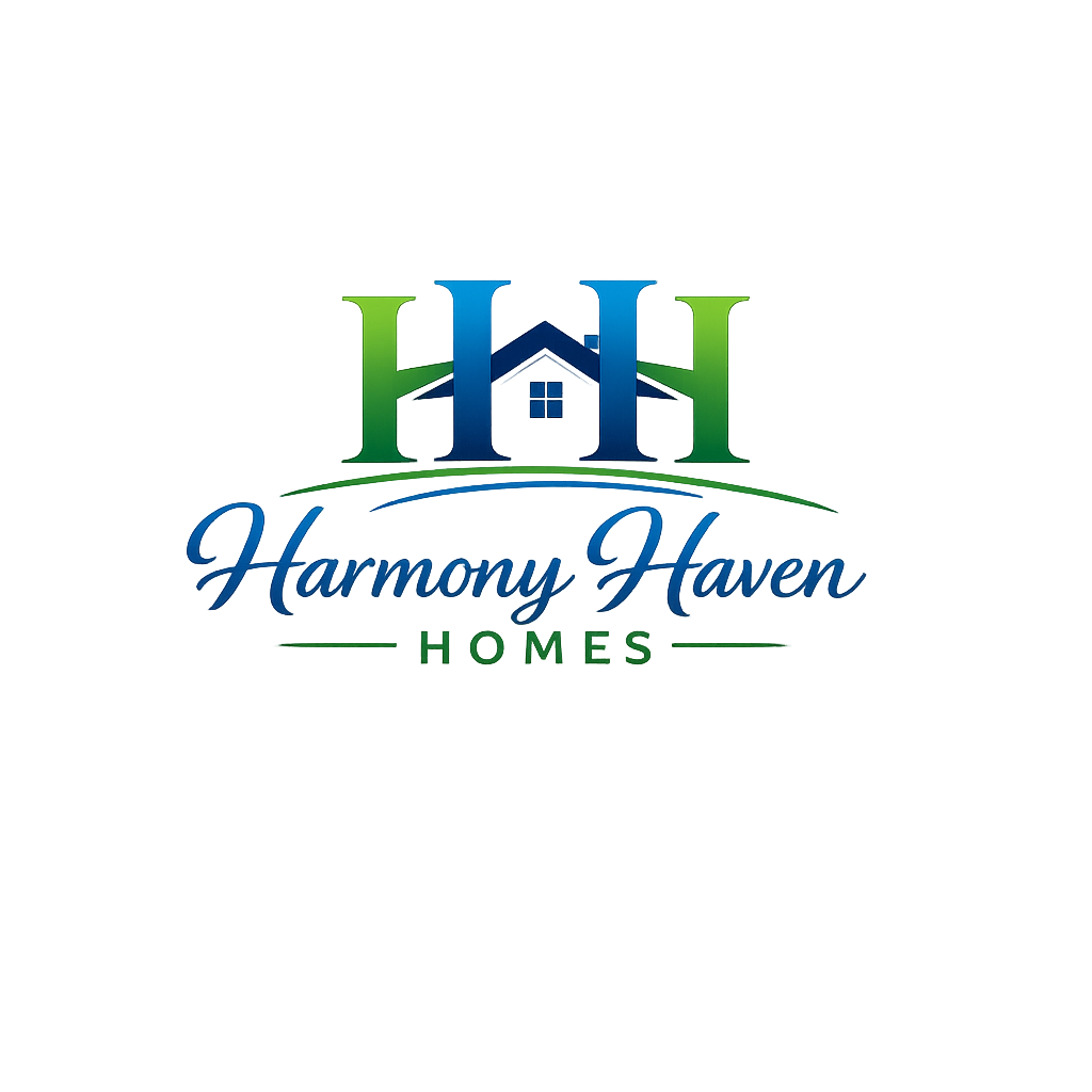 Logo for Harmony Haven Homes featuring stylized house, trees, and the business name in blue and green fonts.