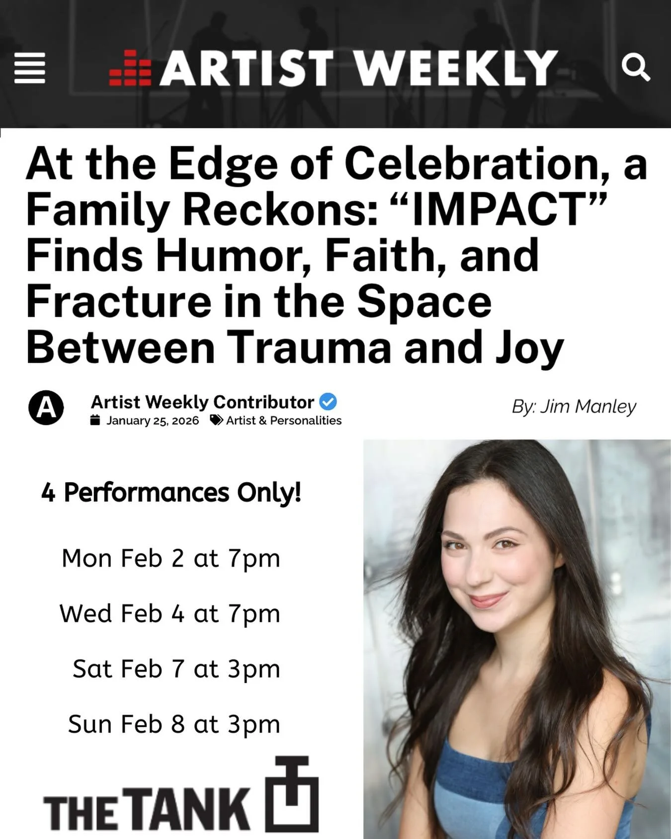 Honored to have IMPACT featured in Artist Weekly, diving into this play. 
After years of writing, rewriting, and telling this story with my whole heart, it&rsquo;s surreal to see it reflected back like this.
4 Performances Only! - Feb 2, 4, 7 &amp; 8