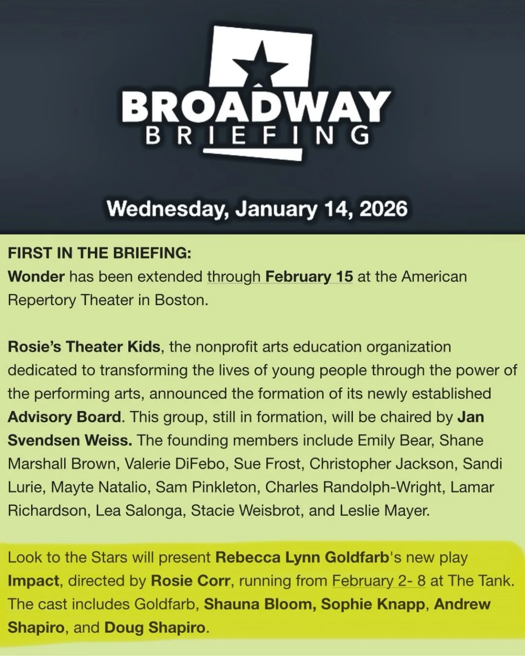 Grateful to see IMPACT highlighted in Broadway Briefing and BroadwayWorld ahead of our upcoming run at The Tank, February 2nd&ndash;8th!

IMPACT is a new family &ldquo;traumedy&rdquo; I wrote and perform in, directed by Rosie Corr and presented by Lo